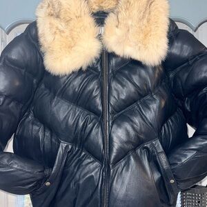 DaRucci Blue lambskin Leather Jacket off white fox Fur Collar v bomber